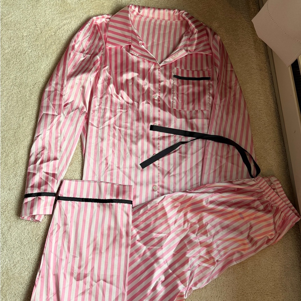 Pink and White Striped Pajama Set with Black Trim